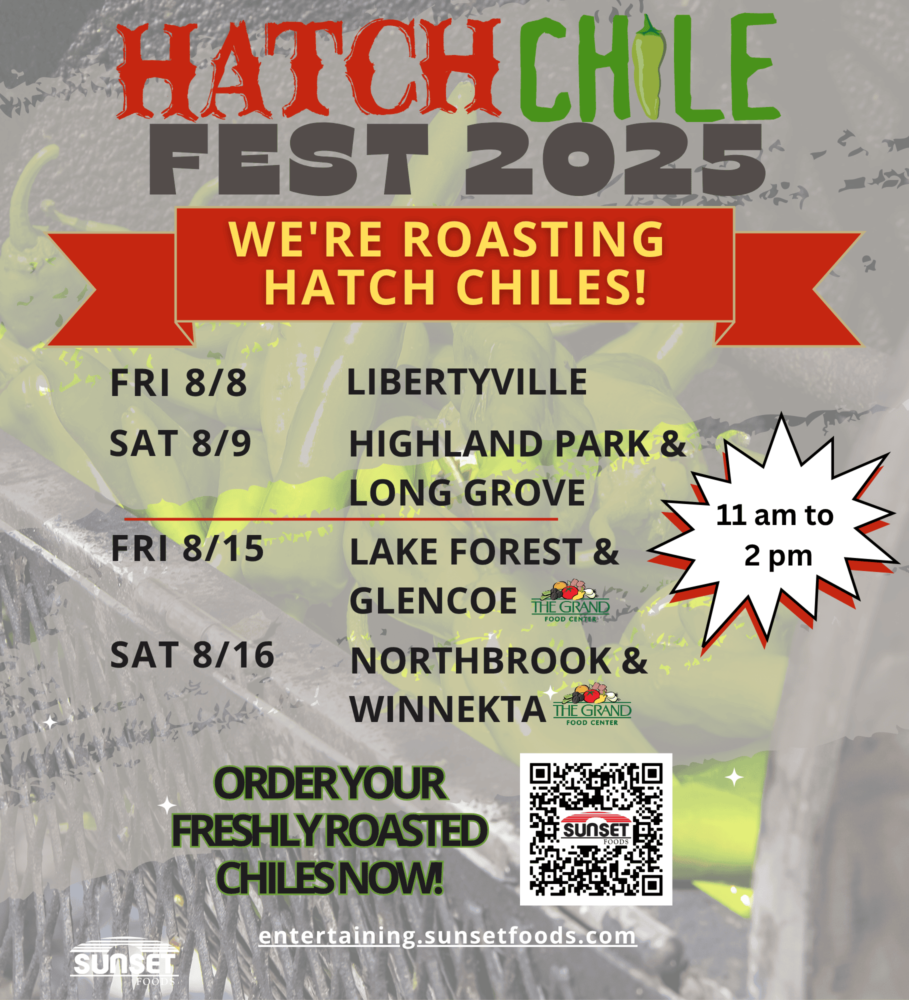 A graphic detailing the 2025 Hatch Chile roasting schedule for all Sunset Foods and Grand Food Center locations.