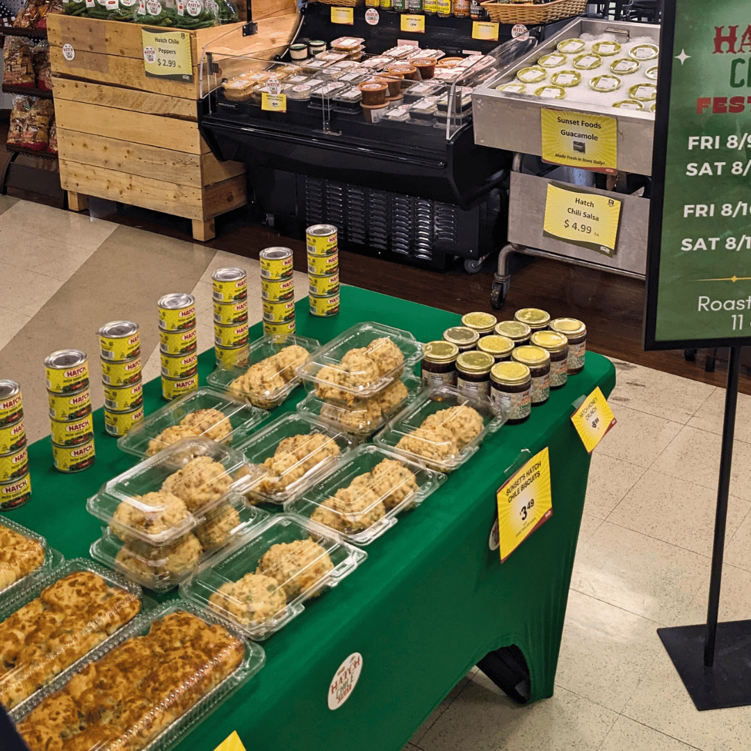 A collage of various Hatch chile products available at Sunset Foods, including salsa, cheese, and burgers.